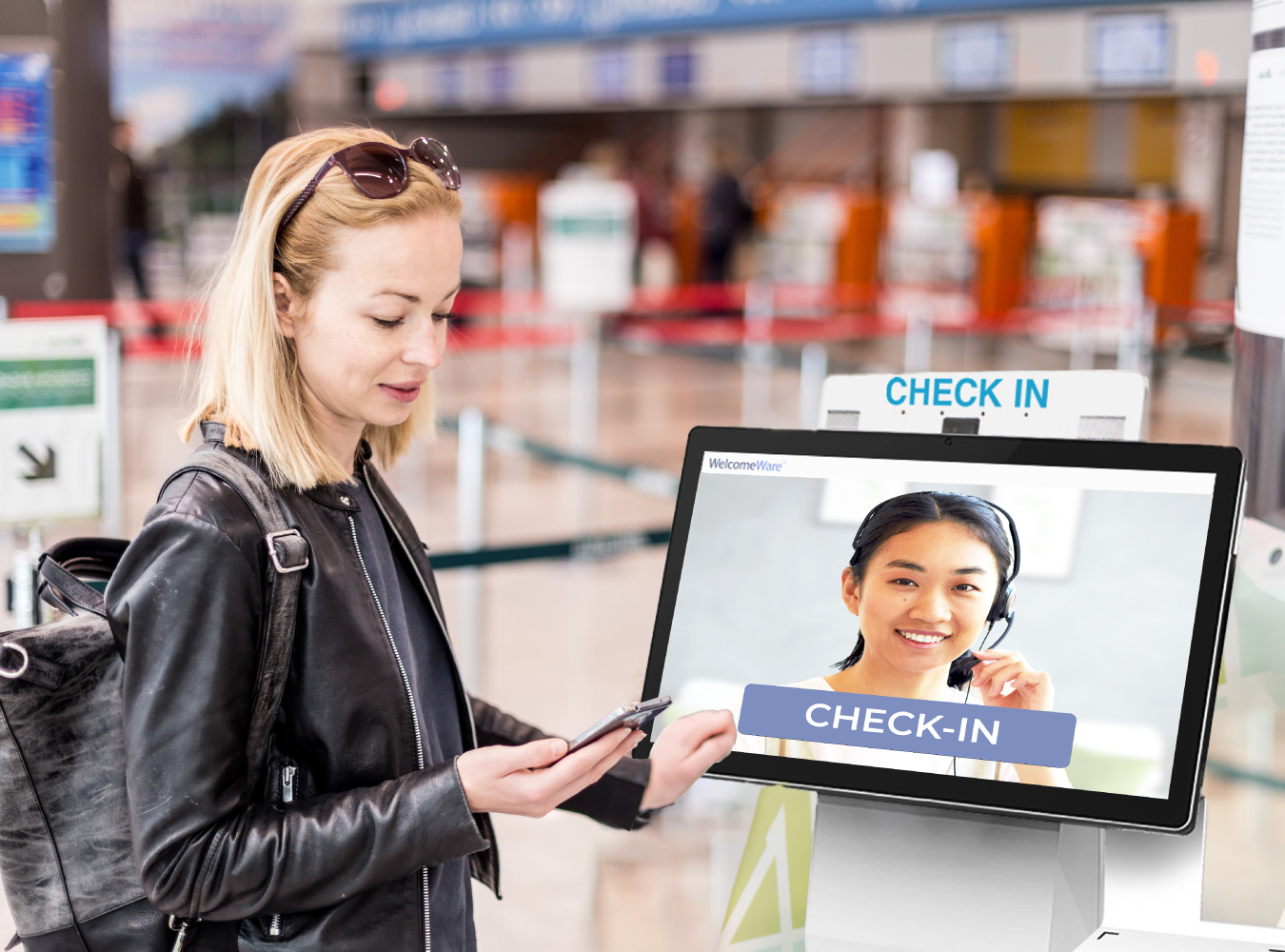 kiosk machine displayed in-front of the airport front-desk