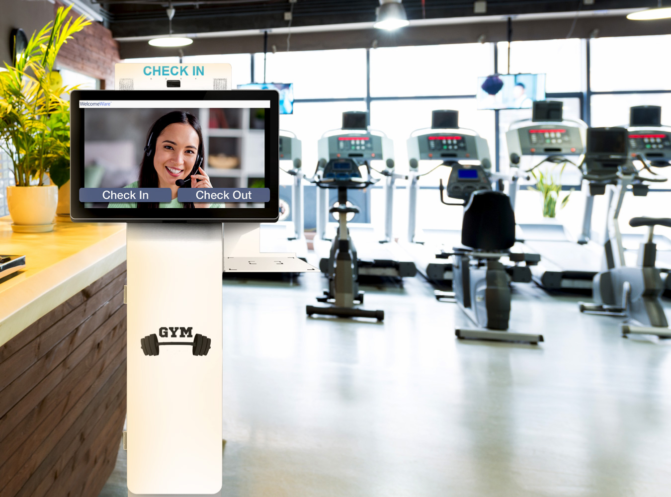 kiosk machine displayed in-front of the the gym front-desk