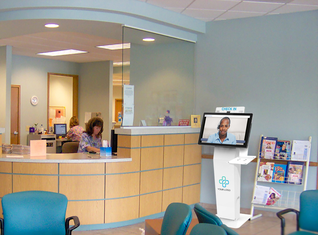 kiosk machine displayed in-front of the medical clinic front-desk