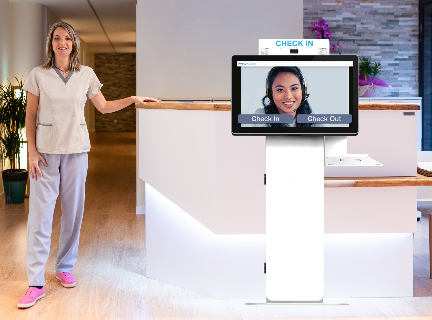 kiosk machine displayed in-front of the pt clinic front-desk