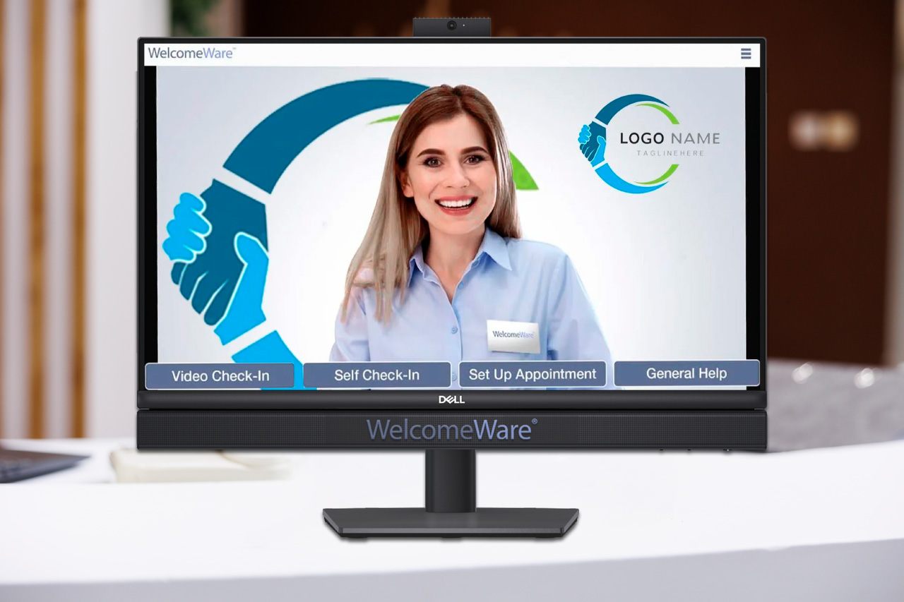 friendly live virtual receptionist displayed on the kiosk